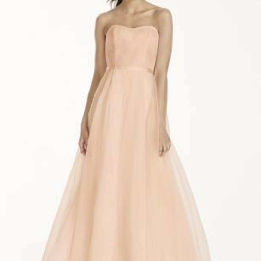 David's Bridal Long Strapless Chantilly Lace Dress